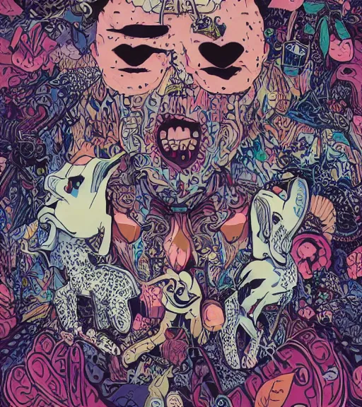 Prompt: portrait, nightmare anomalies, leaves with a dog by knife, violet and pink and white palette, illustration, kenneth blom, mental alchemy, james jean, pablo amaringo, naudline pierre, contemporary art, hyper detailed