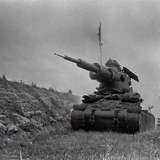 Prompt: a picture of a enormous bear pulling a towed 7 6, 2 mm anti tank gun behind his back like a chariot, eastern front, historical picture