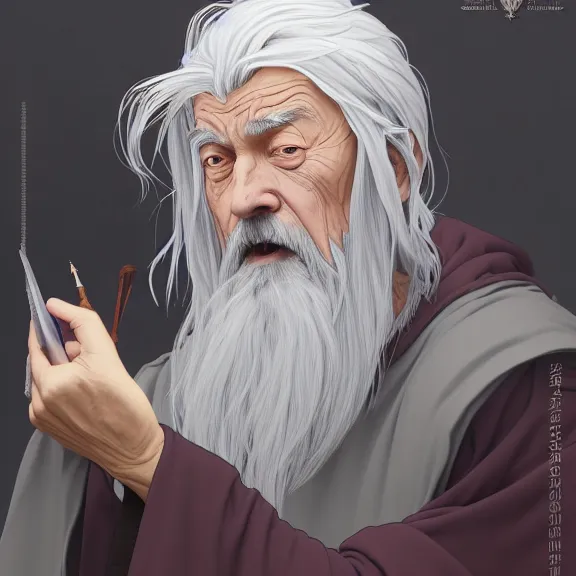 Prompt: fantasy portrait of a wizard procrastinating at his desk!!, grey hair. wizard robes, in the style of ryan jia, highly detailed. smooth, sharp focus, soft lighting, illstration by ilya kuvshinov and katsura masakazu and alphonse mucha, 8 k