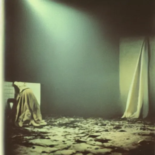 Prompt: polaroid by andrei tarkovsky and stephen gammell, surreal vogue photo shoot inside ruined theater, rim light, shot at night with studio lights, liminal space, photorealistic, high definition, technicolor, award - winning photography, masterpiece, amazing colors,