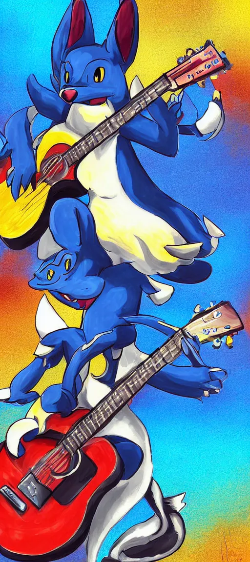 Image similar to lucario playing guitar at a concert, portrait full body, digital art, high quality, detailed, beautiful colors, mesmerizing