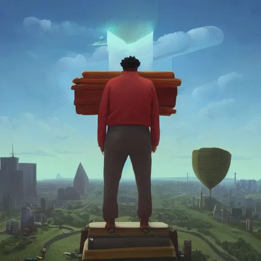 Image similar to giant 2 1 savage from the perspective of spongebob stands over city by simon stalenhag, d & d, fantasy, digital painting, unreal engine 5, photorealism, hd quality, 8 k resolution, cinema 4 d, 3 d, cinematic, professional photography, art by artgerm and greg rutkowski and alphonse mucha and loish and wlop