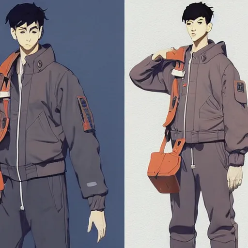 Image similar to a handsome young man! model, wearing ma - 1 flight suit jacket and overalls, bulky poofy bomber jacket with mayan patterns, trending on pixiv fanbox, painted by greg rutkowski makoto shinkai takashi takeuchi studio ghibli, akihiko yoshida