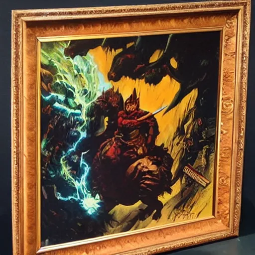 Image similar to book cover of wizard surrounded by crt televisions pvm oil on canvas by frank frazetta