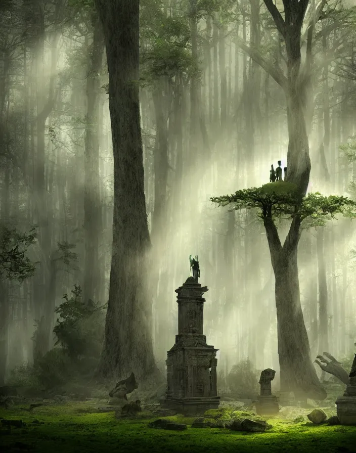 Image similar to an ancient temple with statues lost in a gigantic forest by maena paillet, painting, cinematography, epic lighting, volumetric, fog, god rays