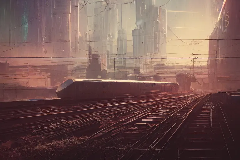 Image similar to a man standing in front of a train on a train track, cyberpunk art by mike winkelmann, trending on cgsociety, retrofuturism, reimagined by industrial light and magic, darksynth, sci - fi