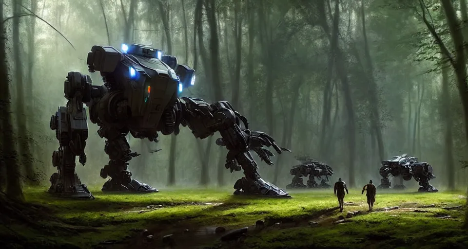 Image similar to hyper realistic sci - fi matte concept art painting of giant battlemech walking through a forest, beautiful details, strong composition painted by kim jung guweta studio rutkowski, james gurney and greg rutkowski, and lucasfilm, smooth, intricate, detailed, sharp focus, cinematic