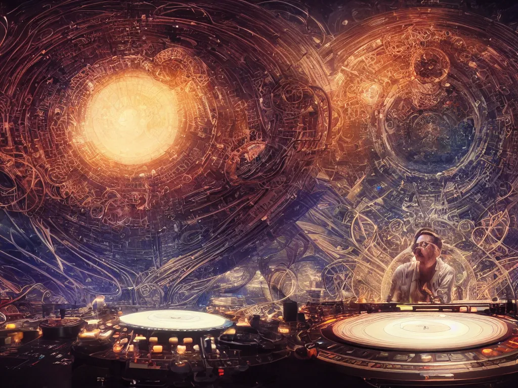 Image similar to an incredible masterpiece of a mystical dj playing a vast array of highly evolved and complex musical technology surrounded by an incredible and complex circular structure in the cosmos, by karol bak, octane render, 8 k