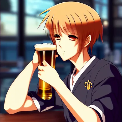 Image similar to Wholesome and masculine looking anime girl at a bar drinking a beer, warm glow from the lights, angle that looks up at her from below, deviantart, pixiv, detailed face, smug appearance, beautiful anime, detailed anime eyes with pupils, in the style of 90s anime, heavy focus on 90s and early 2000s style of anime, Sailor Moon style