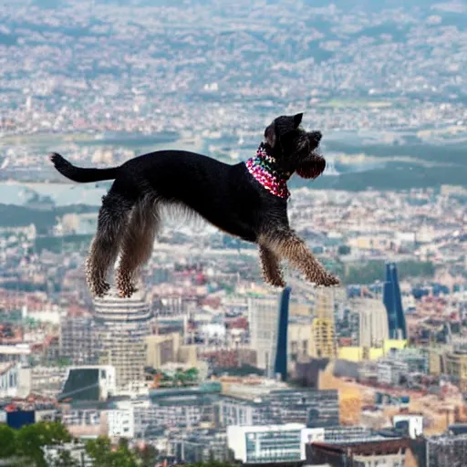 Image similar to a zwerg schnauzer flies over the city in a super cape