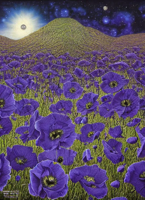 Image similar to detailed, intricate blue black and purple papaverum flower on the field, nebula, galaxy in the sky, winning award masterpiece, fantastically beautiful, illustration, aestheticly inspired, jacek yerka, upscale with anguissola sofonisba work, artstation, 8 k