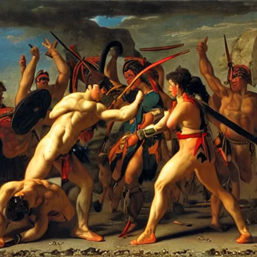 Image similar to muscular warrior women, amazonian warrior women, women fighting men, muscular men, spartan warrior men, clashing in bloody field, art by jacques - louis david