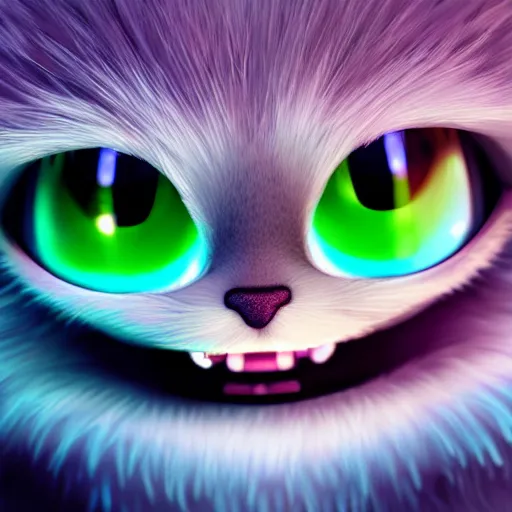 Image similar to close up portrait of a cute fluffy alien with huge reflective eyes :: fur, lots of fur, fluffy, adorable, cel shading, toon shading, disney, pixar, dreamworks, disney animation style, pixar animation style, dreamworks animation style, muted colors, dull colors, pastel colors, lots of colors, colorful