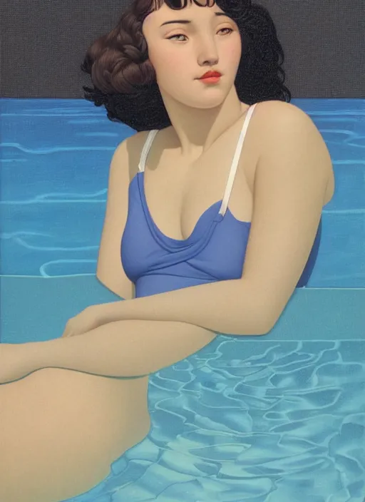 Prompt: portrait of a girl, in retro swimsuit, lying by the pool, minimalist oil painting by john godward, cheng, hsiao - ron, flat colors, beautiful lightning, sharp