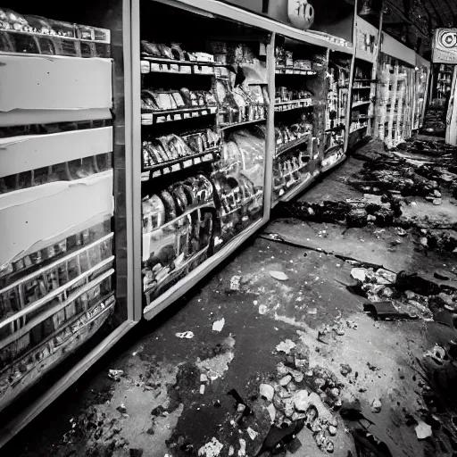 Image similar to a ransacked grocery store, broken signs, filthy flooring. Vines growing. Award-winning photo. OM system 12–40mm PRO II 40mm, 1/100 sec, f/2 8, ISO 800