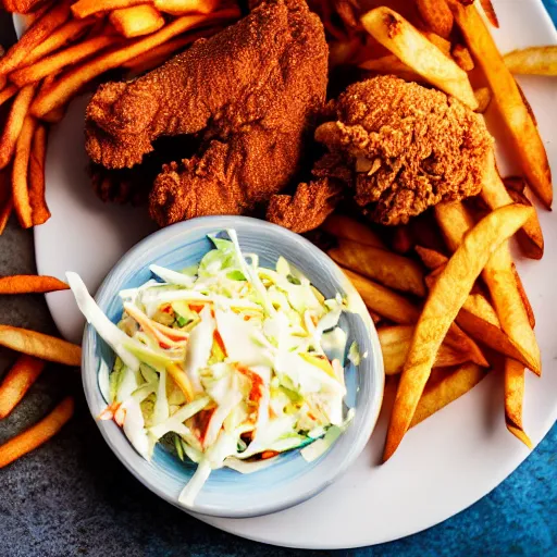 Image similar to professional photo of a plate with fried chicken, fries and coleslaw, 4k, studio photo, f/1.4