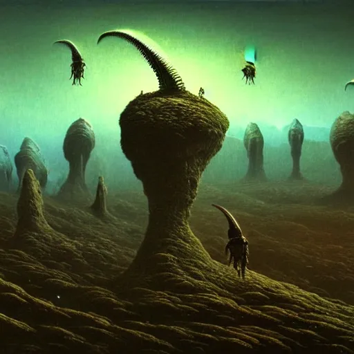 Image similar to flying alien creatures on an alien landscape, painted by beksinski, 4 k, intricate details, unreal engine, dynamic lighting