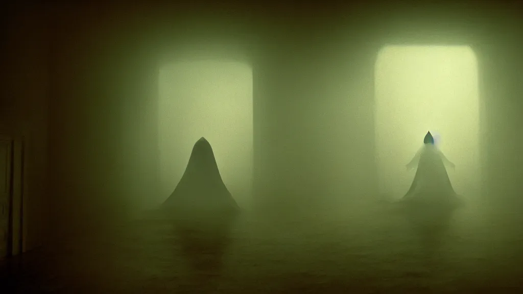 Image similar to a strange floating blob of mist wearing a large creepy jester mask floating in the living room, film still from the movie directed by denis villeneuve with art direction by zdzisław beksinski, wide lens