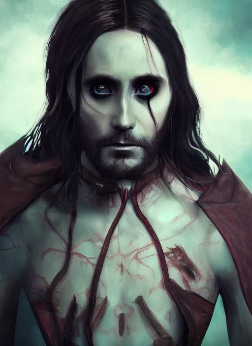 Image similar to A fantasy comic book style portrait painting of Jared Leto as a vampire race in a atmospheric dark fortress, unreal 5, DAZ, hyperrealistic, octane render, RPG portrait, ambient light, dynamic lighting