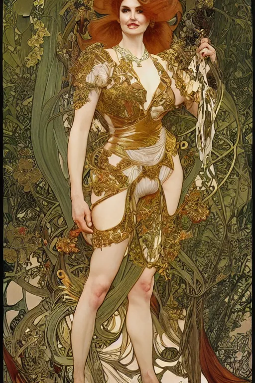 Prompt: geena davis as queen of the jungle, running, full figure, painted by nekro, alphonse mucha, dark - fantasy, intricate detail, artstation, cgsociety, rococo, gold leaf art