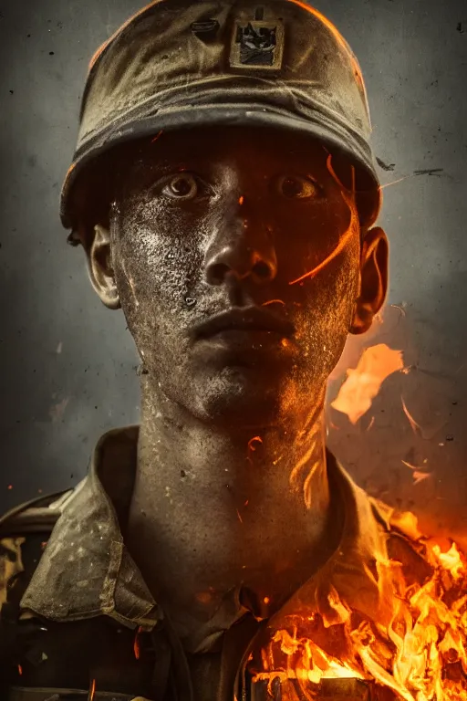 Prompt: portrait of a lost soldier with eyes of sorrow standing Infront of a burning building. Realism. V-Ray. 8K. Photography. Sad. Moody. Emotional.