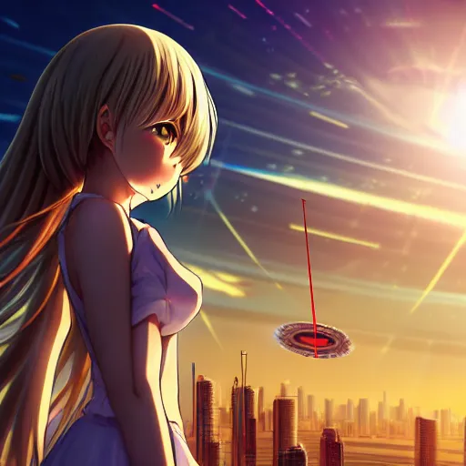 Prompt: advanced digital anime art, anime girl named Lucy , the god of time standing on An asteroid floating in space containing a vibrant futuristic technologically advanced dystopian city with skyscrapers and flying drones, the beautiful landscape is backlit by sunlight. Cinematic, Award winning, ultra high resolution, intricate details, UHD dramatic, cinematic lighting, MCU, mid-shot, highly detailed, trending on pixiv, Unreal Engine 4k, depth of field, Artgerm, WLOP, Rossdraws, James Jean, Andrei Riabovitchev, Marc Simonetti, and Sakimichan