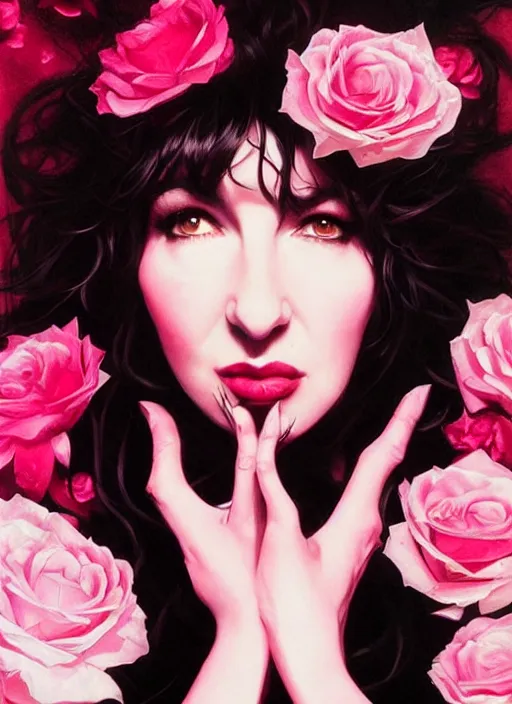 Prompt: portrait of kate bush against a neon pink background, lush black hair, pale skin, white roses, flowing material, intricate, beautiful cinematic lighting, stunning painting by artgerm, caravaggio, android jones, wadim kashin