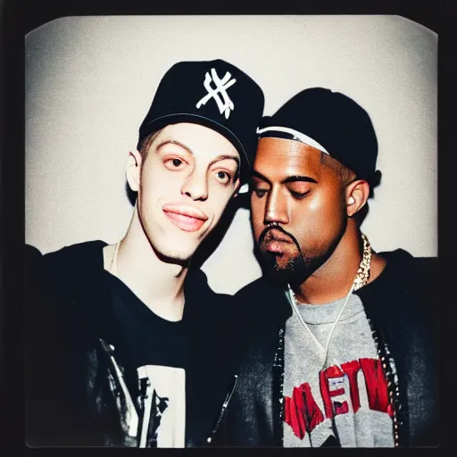 Prompt: Polaroid photograph of pete Davidson and kanye in a club, blurry, XF IQ4, 150MP, 50mm, F1.4, ISO 200, 1/160s, Adobe Lightroom, photolab, Affinity Photo, PhotoDirector 365,