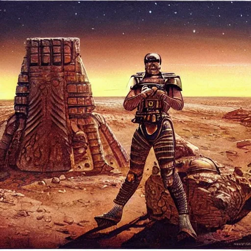 Prompt: sardaukar warrior in mars ruins, vintage sci - fi art, by ed emschwiller