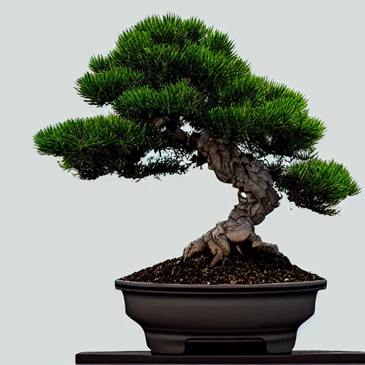 Prompt: bonsai tree, cyprus, in a black pot with white background, viewed from 30 degrees, detailed matte painting