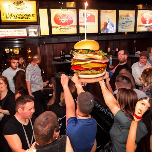 Prompt: tallest burger in the world surrounded by crowd of people in restaurant, flash photography