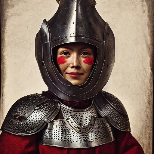 Prompt: head and shoulders portrait of a female knight, quechua, lorica segmentata, cuirass, sallet, tonalist, symbolist, realistic, ambrotype, baroque, detailed, modeled lighting, vignetting, indigo and venetian red, angular, smiling, raven