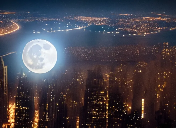 Image similar to film still of the moon breaking into pieces over manhatten in the new disaster movie, 8 k, night time