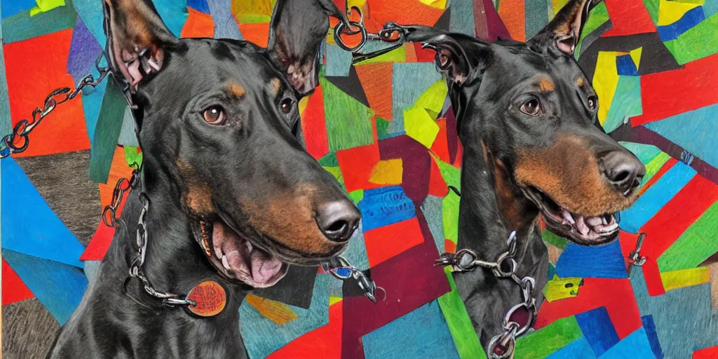 Prompt: mad doberman on a chain, collage, acrylic on canvas, lines with colored pencils, newspaper clippings, expressionism movement, breathtaking detailed, by blake neubert