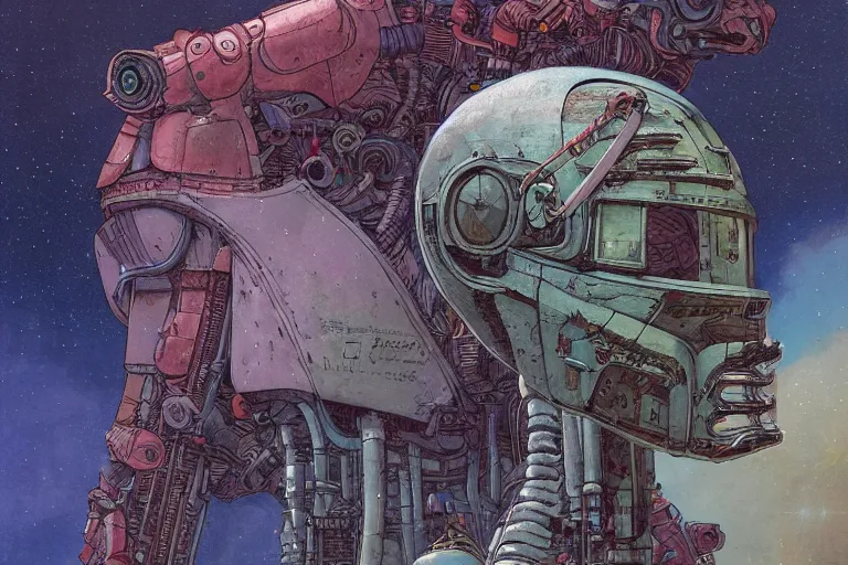 Image similar to gigantic robot - girl head floating in the space, a lot of exotic plants, trees, flowers, oldschool vintage sci - fi flat surreal grainy design, super - detailed, painting by enki bilal and moebius, hd, 4 k, high quality