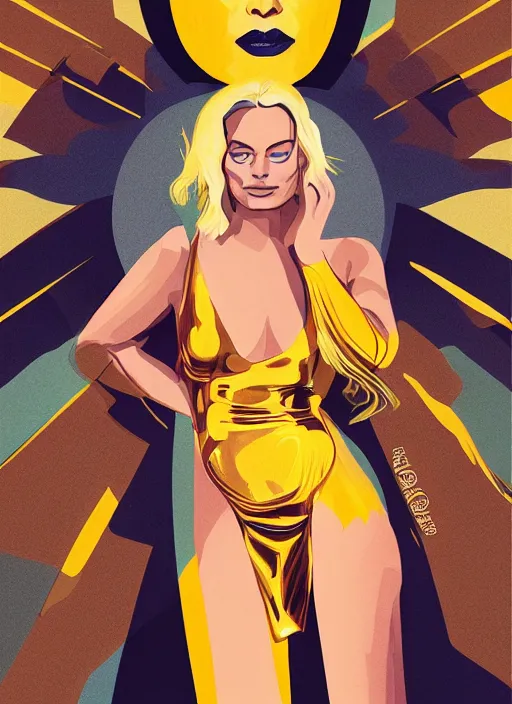 Image similar to detailed Illustration of stunning Margot Robbie in a Solarpunk leather robe, abstract sun in background, full body portrait, shiny skin, accurate anatomy, soft lighting, sharp details, warm colors, studio portrait, 35 mm film, subsurface scattering, lens flare