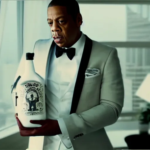 Image similar to cinematic shot of jay - z wearing a suit and standing in a fancy penthouse holding a jug of milk, 8 k, very detailed, very intricate,