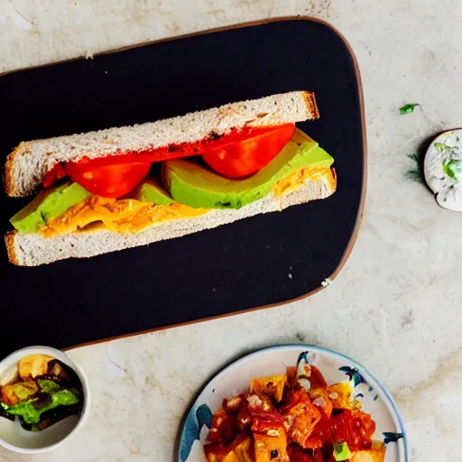 Image similar to sandwich breath that inside has tofu, tomato, onion, avocado and cheddar, over a dish and over a table, sunset background with saturn in the sky, studio photo, amazing light