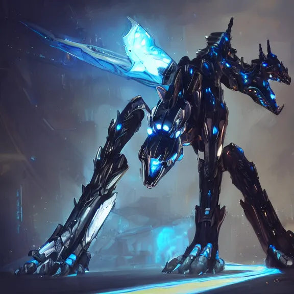 Image similar to cinematic shot, 35 foot tall detailed beautiful handsome quadrupedal robot mecha dragon, sharp edged black armor, gold accents, sleek blue visor for eyes, four legs, walking in busy neon city streets, sharp claws, epic shot, highly detailed art, sci fi, furry, 3D realistic, warframe fanart, destiny fanart, furry art, dragon art, feral art, macro art, furaffinity, DeviantArt, sofurry