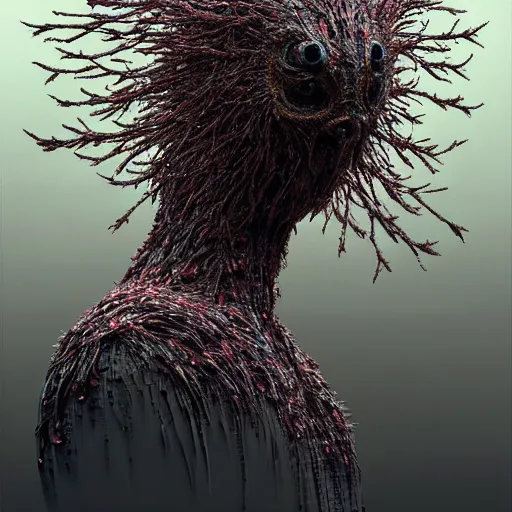 Image similar to horryfing mutant bird made of electricity fused with thousands of birds, thousand heads, mutilated, horror, blood, heavy damage, post apocalyptic, dystopian surrealism, grey, zdzisław beksinski, sad atmosphere, volumetric light, style giger, alex ries, symmetry accurate features, symmetry accurate features, very intricate details, high resolution, intricate