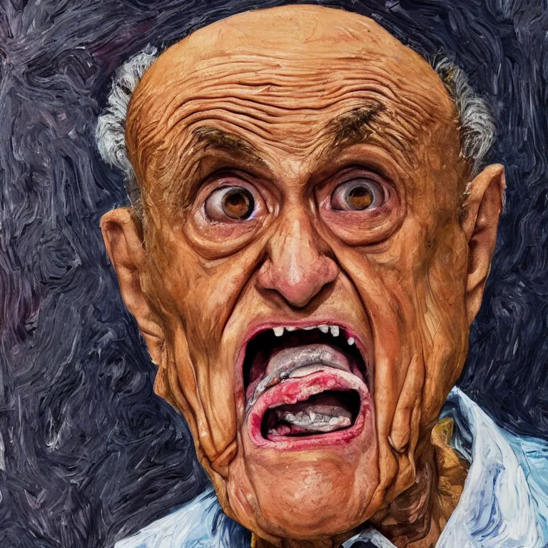 Prompt: warmly lit close up studio portrait of aging angry!! screaming! old Rudy Giuliani age 115 wrinkled furious!, impasto oil painting thick brushstrokes by Lucian Freud and Cy Twombly and Tim Hawkinson , trending on artstation dramatic lighting Expressionism