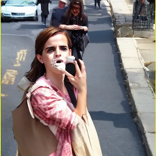 Prompt: emma watson selfie eye closed embarrassed with waffle face
