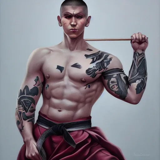 Prompt: A detailed matte oil on canvas painting of a young white male martial artist monk, orchid arm tattoos by artgerm, trending on artstationhd, dungeons and dragons art