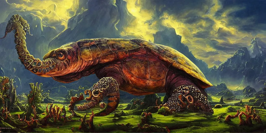 Image similar to fantasy oil painting, great leviathan, cybernetic turtle cephalopod terrapin reptilian pachyderm squid, bella hadid, hybrid, milla jovovich, anubis, epic natural light, lush plants flowers, spectacular mountains, bright clouds, luminous sky, outer worlds, golden hour, michael cheval, edward hopper, michael whelan, vray, hd