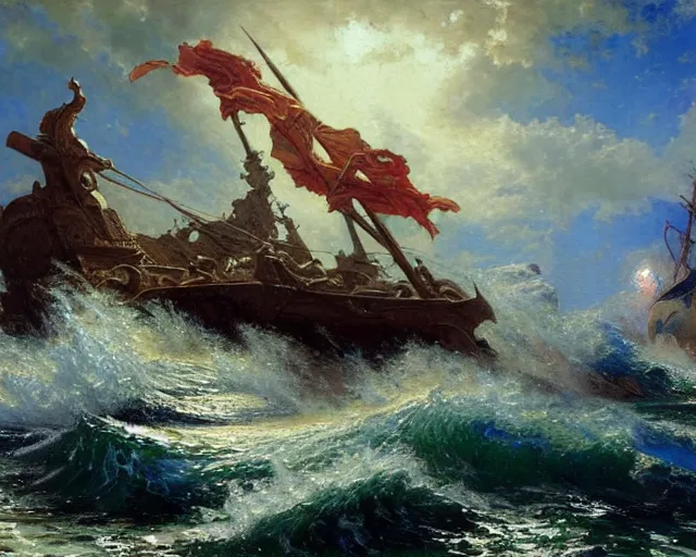 Prompt: poseidon destroying ships, painting by gaston bussiere, craig mullins, j. c. leyendecker