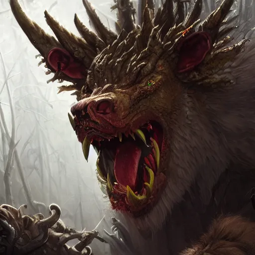 Image similar to winterthorn blessing, targ nar, demon-fang gnoll, garrison sergeant, cyclone sire, art by Etienne Delessert and Esao Andrews, high detail, cinematic, cgsociety 8k