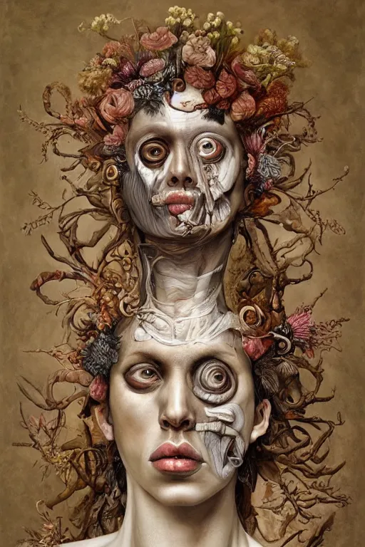 Image similar to Detailed maximalist portrait of a greek god with large lips and eyes, scared expression, botanical skeletal with extra flesh, HD mixed media, 3D collage, highly detailed and intricate, surreal illustration in the style of Jenny Saville, dark art, baroque, centred in image