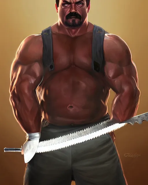 Prompt: gigachad ron swanson bodybuilder holding a massive saw blade in final fight kitchen by ilya kuvshinov, ernest khalimov body by krista sudmalis, fantasy character portrait, ultra realistic, concept art, intricate details, elegent, digital painting, smooth, sharp focus, illustration, art by artgerm and greg rutkowski and alphonse mucha, artstation