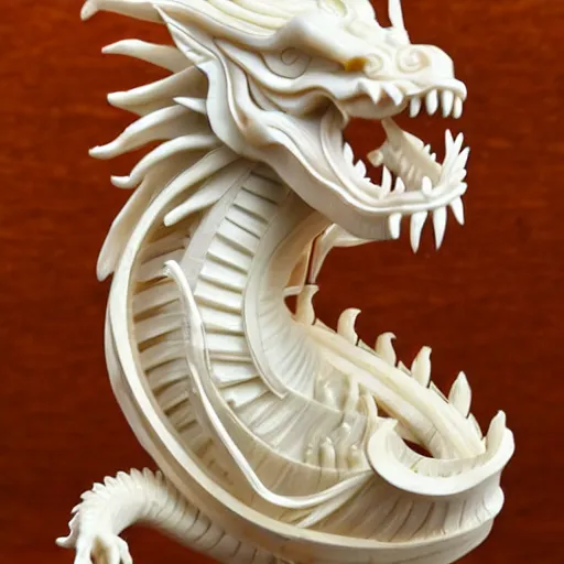 Prompt: an ivory carving sculpture of a chinese dragon winding around intricate wooden structures