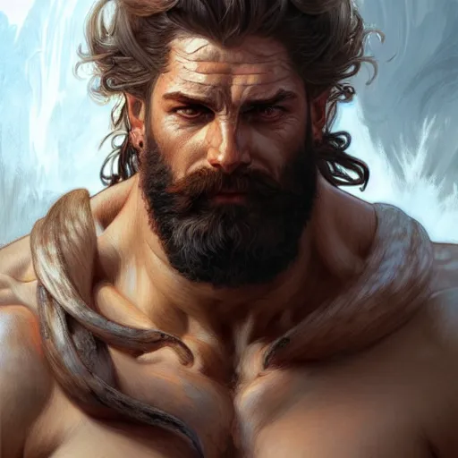 Image similar to portrait of rugged zeus, greek god d & d, muscular, fantasy, intricate, elegant, highly detailed, digital painting, artstation, concept art, smooth, sharp focus, illustration, art by artgerm and greg rutkowski and alphonse mucha